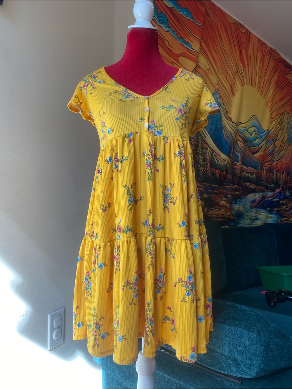 Jessica Simpson Yellow Floral Babydoll Mini Dress